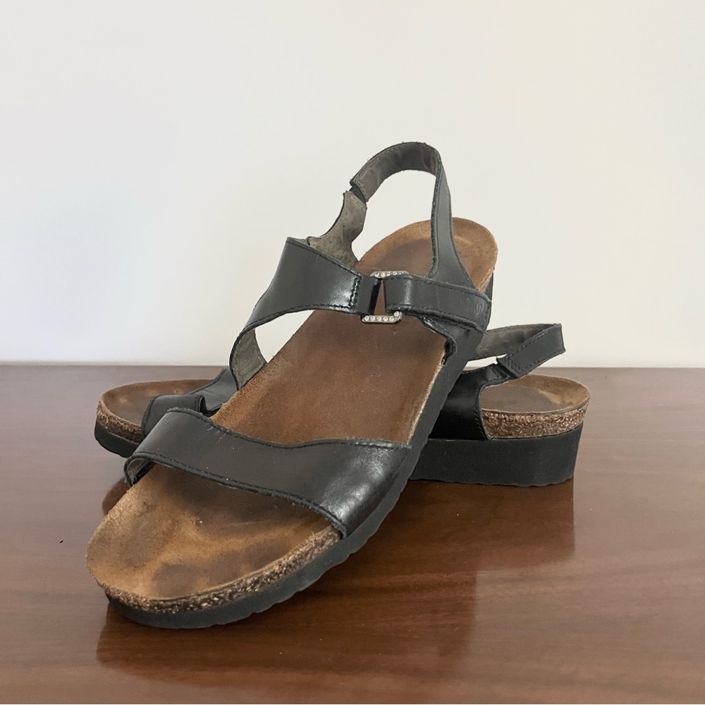 Naot Pamela Women's Black Leather Rhinestone Ankle Strap Sandals Israel 40 9-9.5